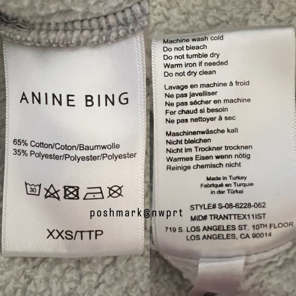 Anine Bing ㋡ Zane Hoodie Zip Up Sweatshirt Jacket Heather Grey White XXS XS - Picture 10 of 14